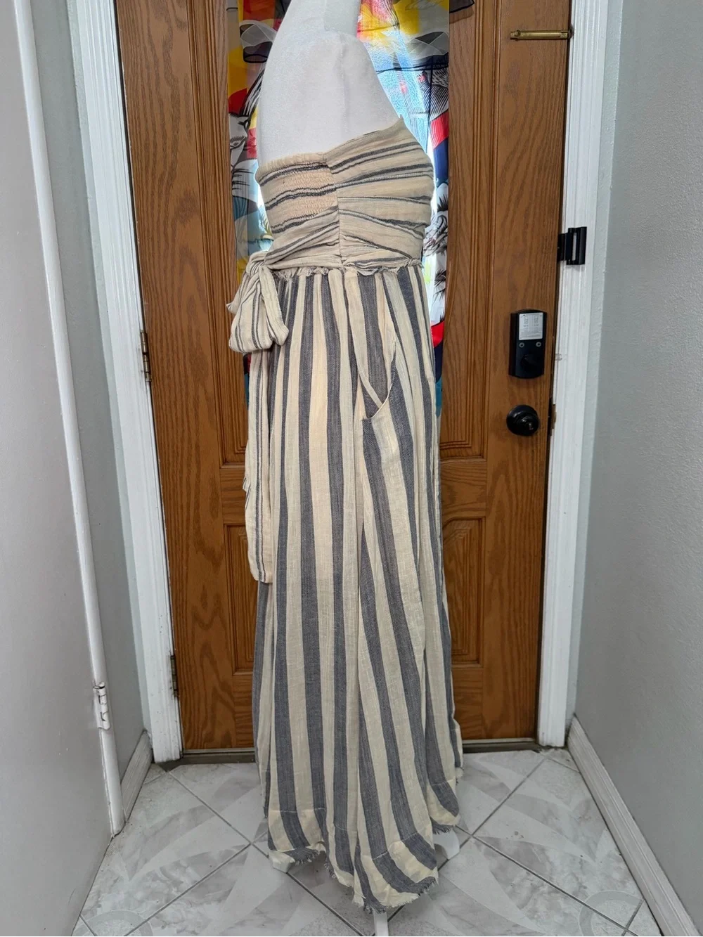 Free People Striped Strapless Maxi Dress Tie Waist Boho Coastal Size M